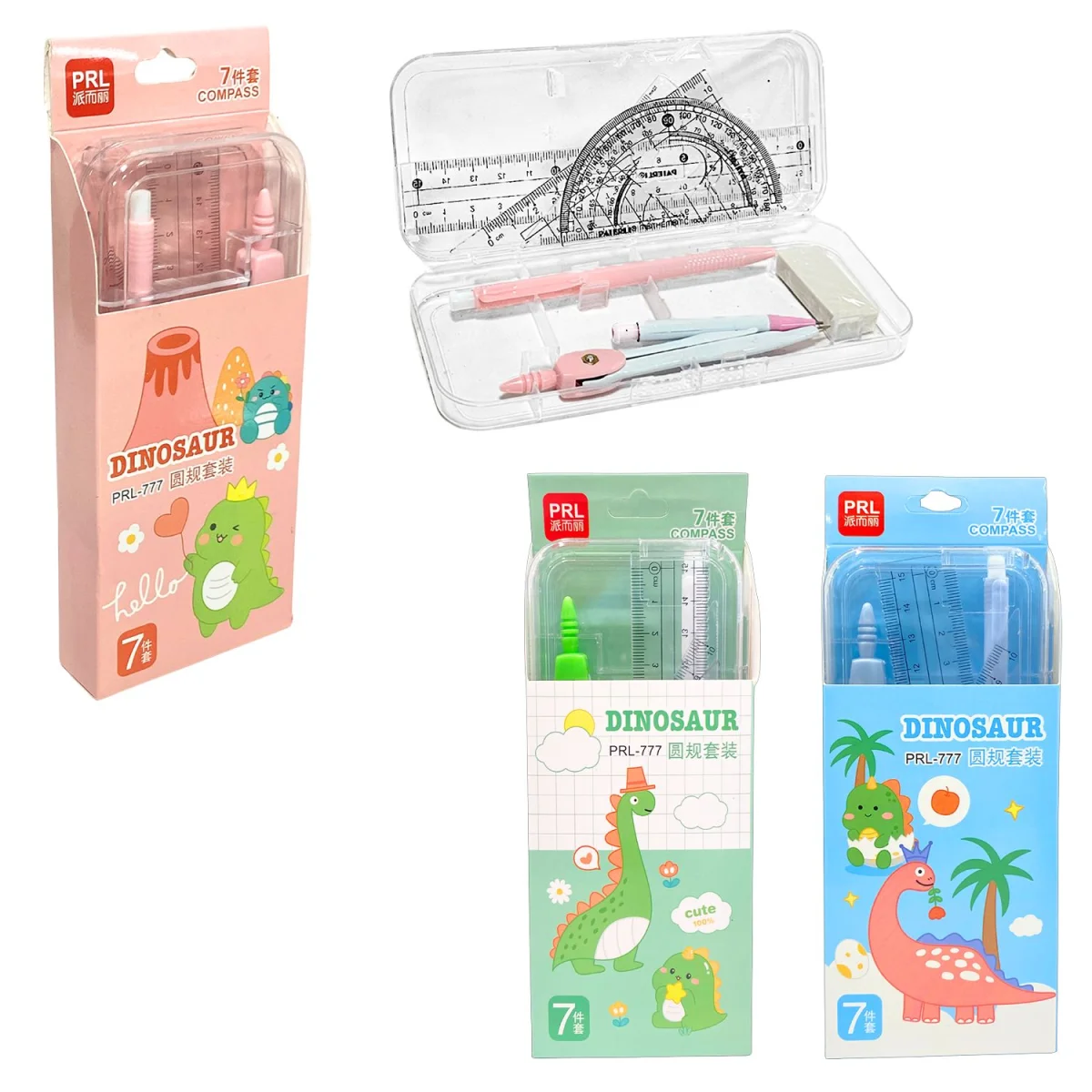 SET COMPAS DINOSAURIO X7PCS EN CAJA (CJX24)