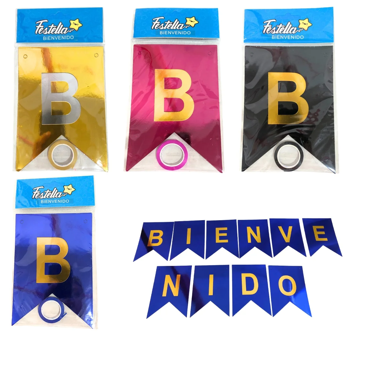 BANDERIN BIENVENIDO METALIZADO SURTIDO (PQTX12)