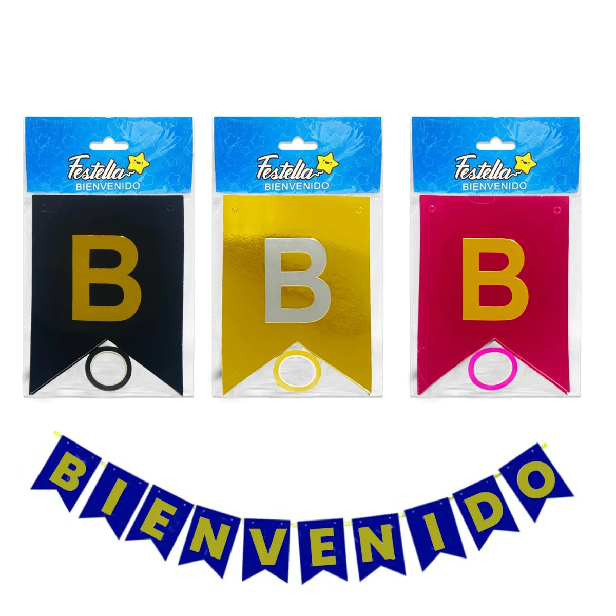BANDERIN BIENVENIDO METALIZADO SURTIDO (PQTX12)