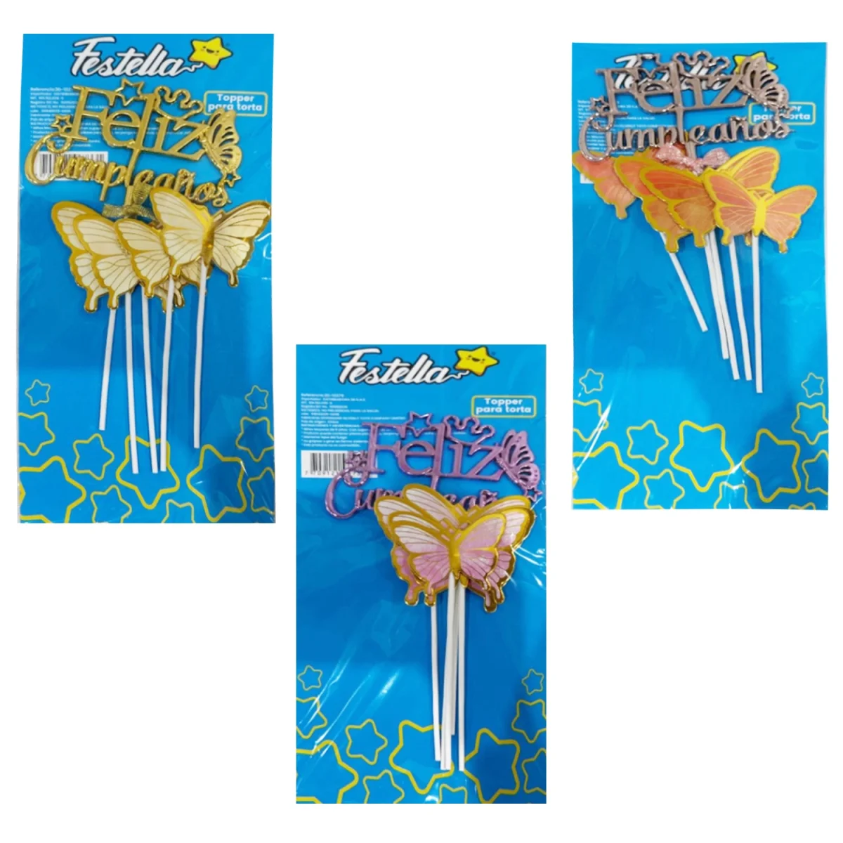 ADORNO MARIPOSA FELIZ CUMPLEAÑOS PARA PASTEL X5PCS (PQTX12)