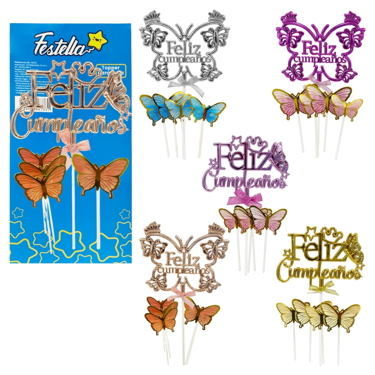 ADORNO MARIPOSA FELIZ CUMPLEAÑOS PARA PASTEL X5PCS (PQTX12)