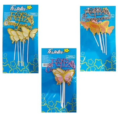ADORNO MARIPOSA FELIZ CUMPLEAÑOS PARA PASTEL X5PCS (PQTX12)