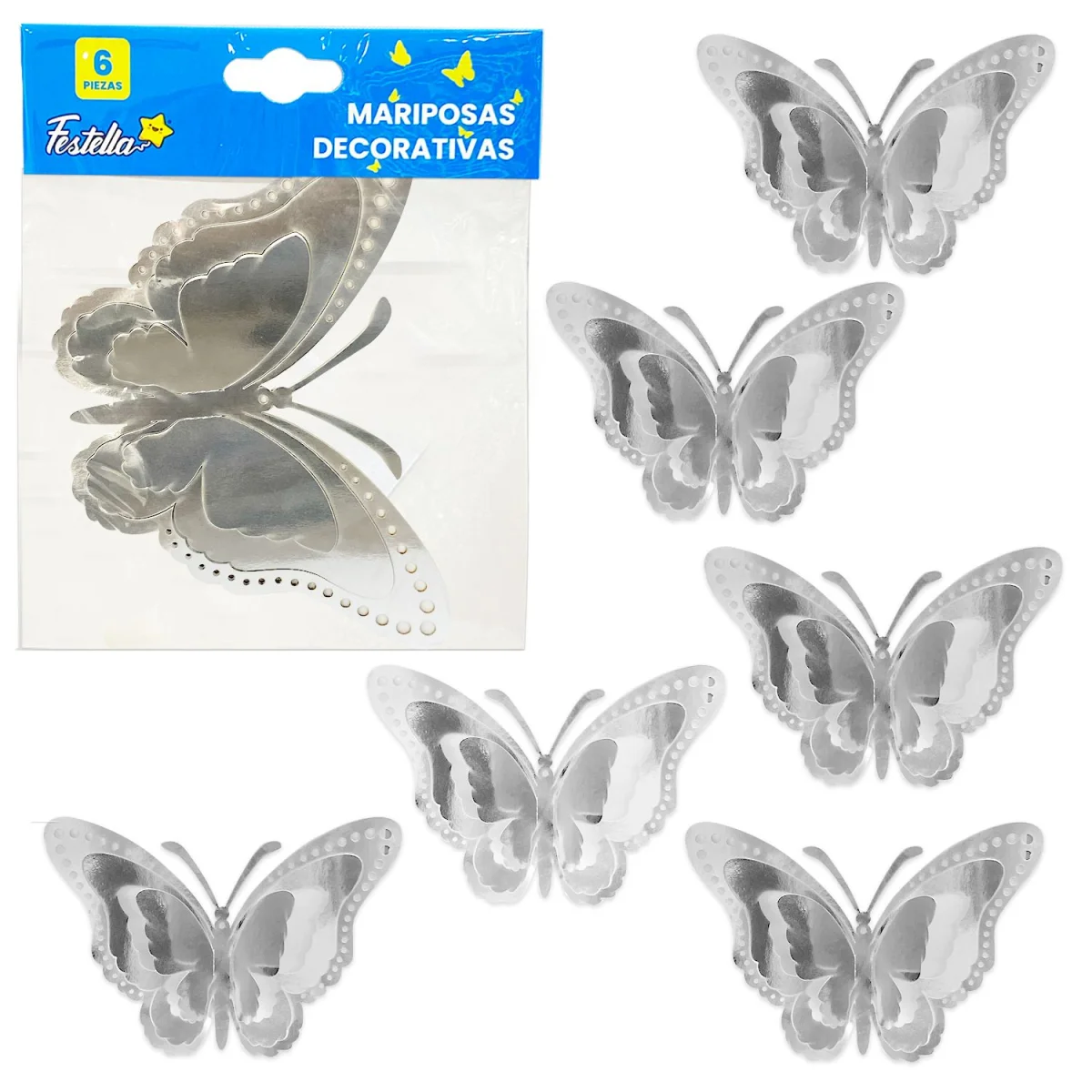 MARIPOSA DECORATIVA PLATEADA X6 (PQTX12)