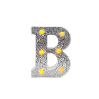 LAMPARA DE LETRA B 16CM FONDO PLATEADO BRILLANTE LUZ CALIDA