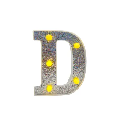 LAMPARA DE LETRA D 16CM FONDO PLATEADO BRILLANTE LUZ CALIDA