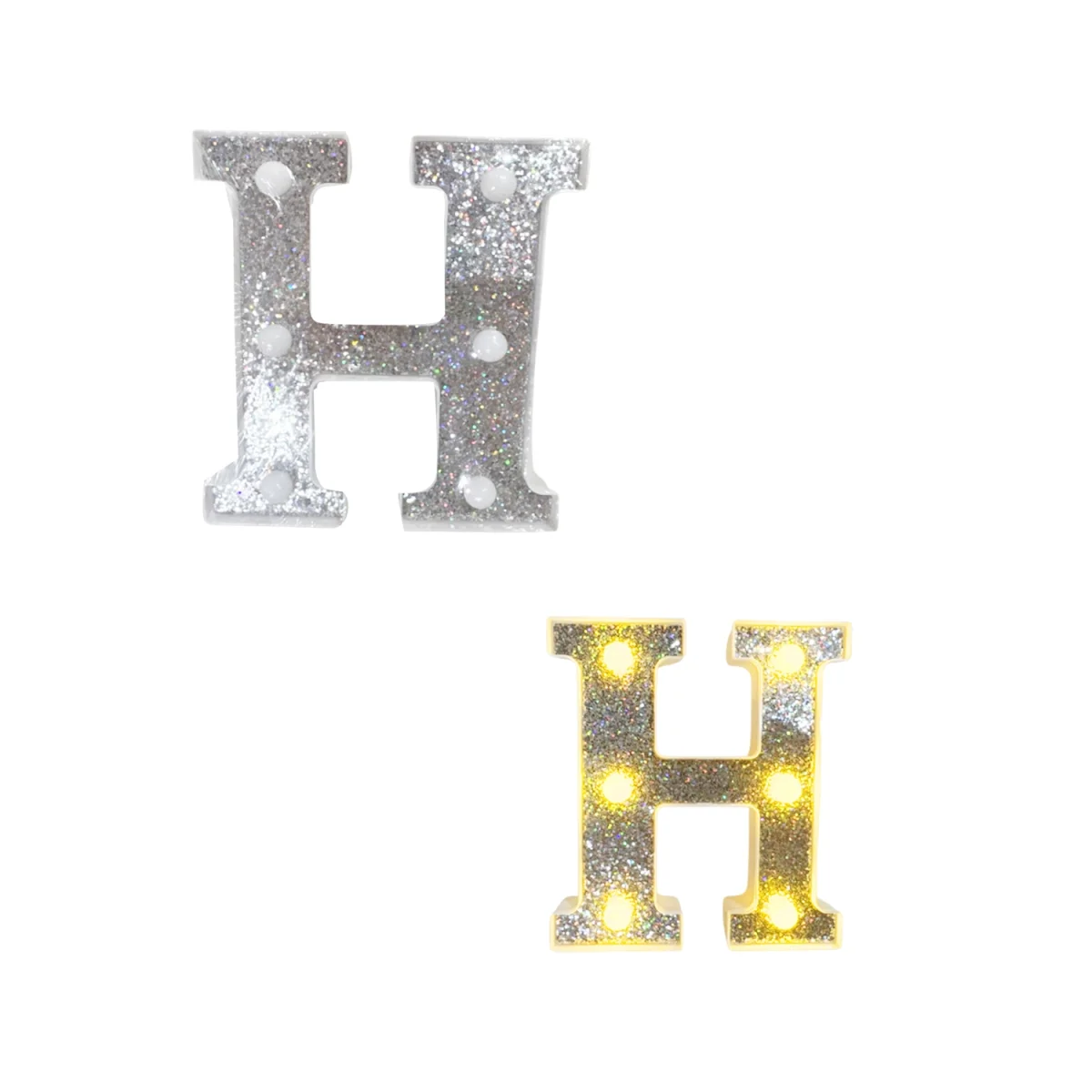 LAMPARA DE LETRA H 16CM FONDO PLATEADO BRILLANTE LUZ CALIDA