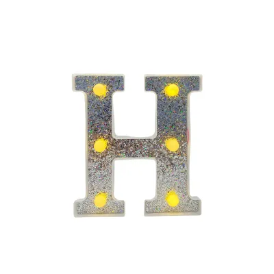 LAMPARA DE LETRA H 16CM FONDO PLATEADO BRILLANTE LUZ CALIDA