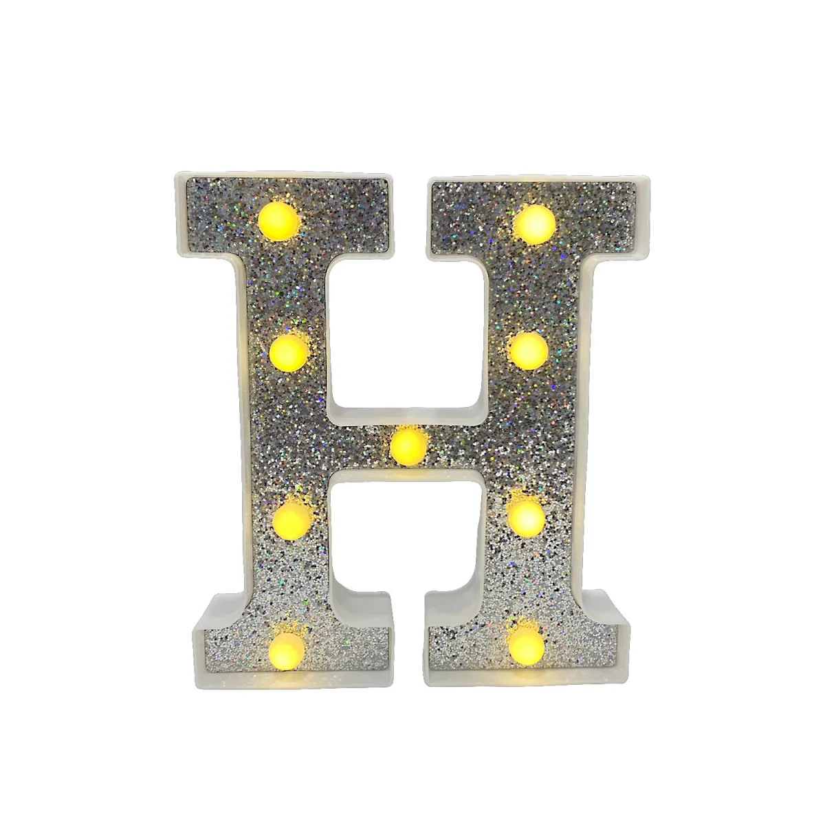 LAMPARA DE LETRA H 21.8CM FONDO PLATEADO BRILLANTE LUZ CALIDA