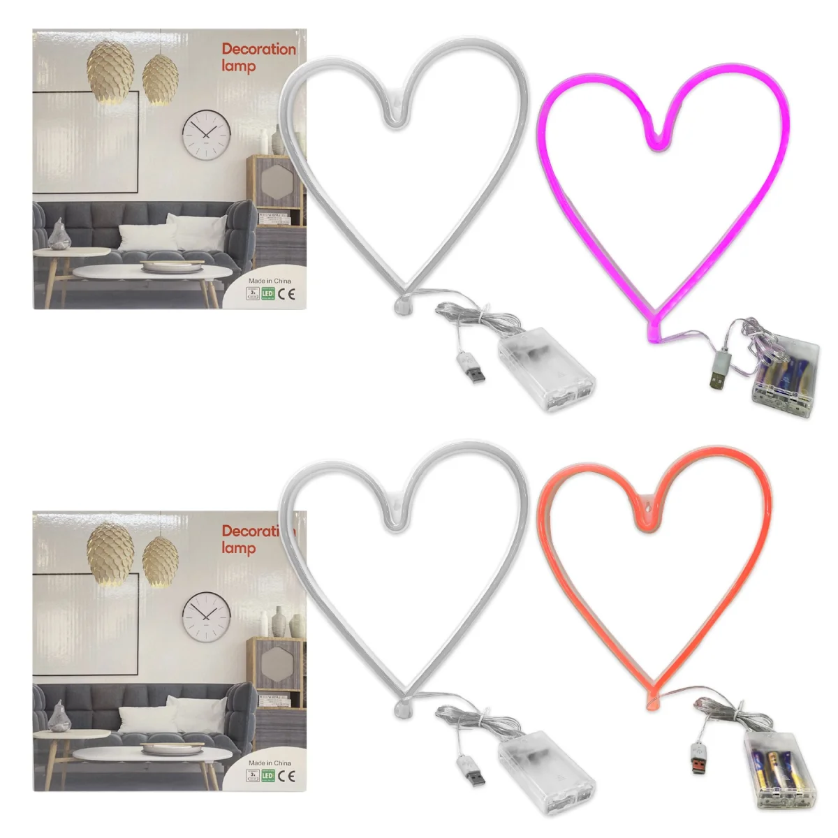 LAMPARA CORAZON LUZ ROJA Y ROSA 20*25CM (PILAS/USB)