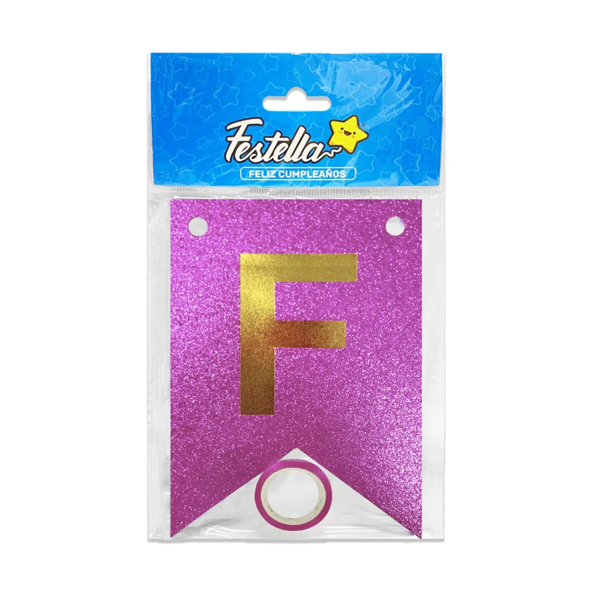 BANDERIN FELIZ CUMPLEAÑOS ESCARCHADO FUCSIA (PQTX12)