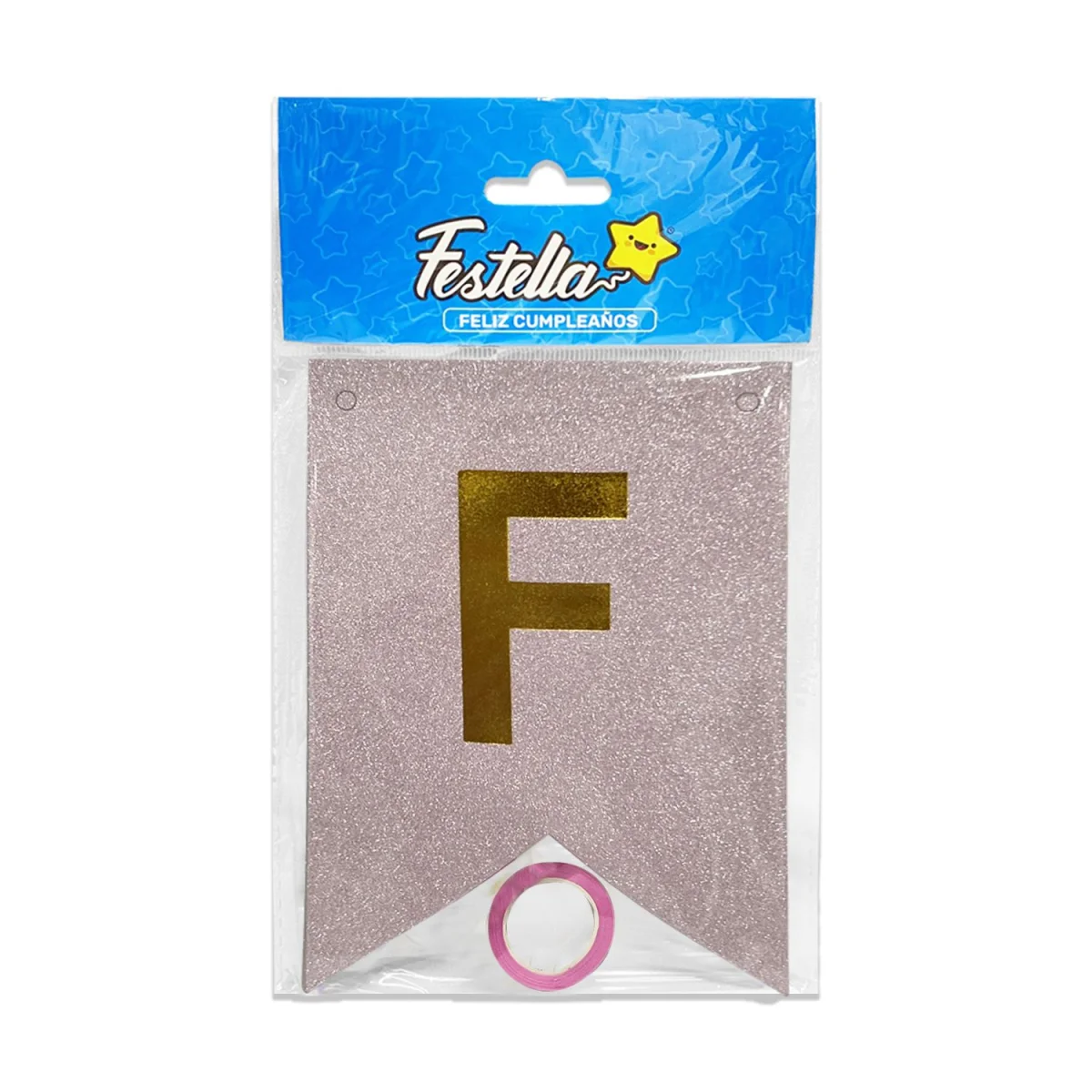 BANDERIN FELIZ CUMPLEAÑOS ESCARCHADO ROSADO (PQTX12)