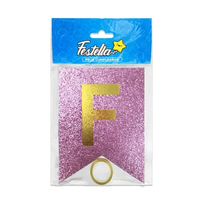 BANDERIN FELIZ CUMPLEAÑOS ESCARCHADO ROSADO (PQTX12)