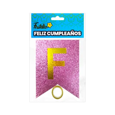 BANDERIN FELIZ CUMPLEAÑOS ESCARCHADO ROSADO (PQTX12)