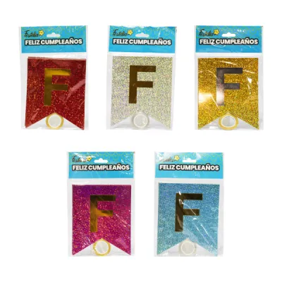 BANDERIN FELIZ CUMPLEAÑOS HOLOGRAMA DORADO (PQTX12)