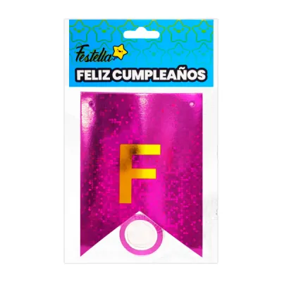 BANDERIN FELIZ CUMPLEAÑOS HOLOGRAMA FUCSIA (PQTX12)