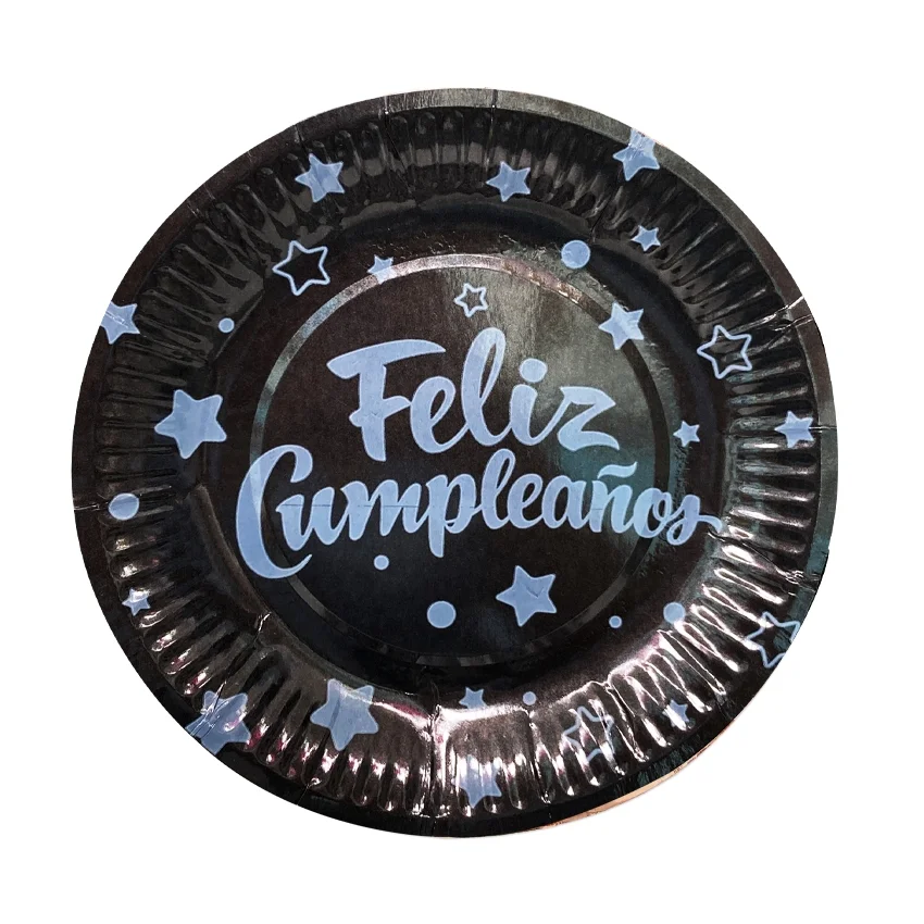 PLATO DE FIESTA FELIZ CUMPLEAÑOS X10 NEGRO