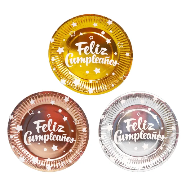 PLATO DE FIESTA FELIZ CUMPLEAÑOS X10 PLATEADO