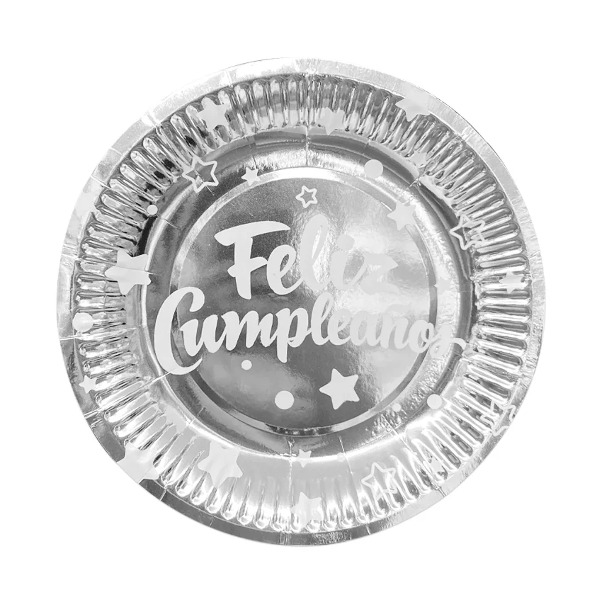 PLATO DE FIESTA FELIZ CUMPLEAÑOS X10 PLATEADO