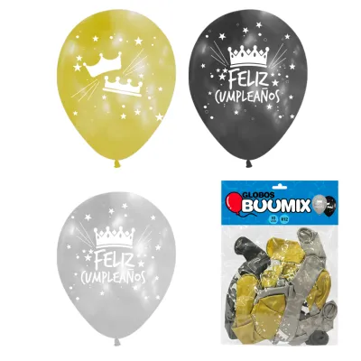GLOBO DE LATEX CORONA FELIZ CUMPLEAÑOS R12X10 P-D-N (PQTX12)