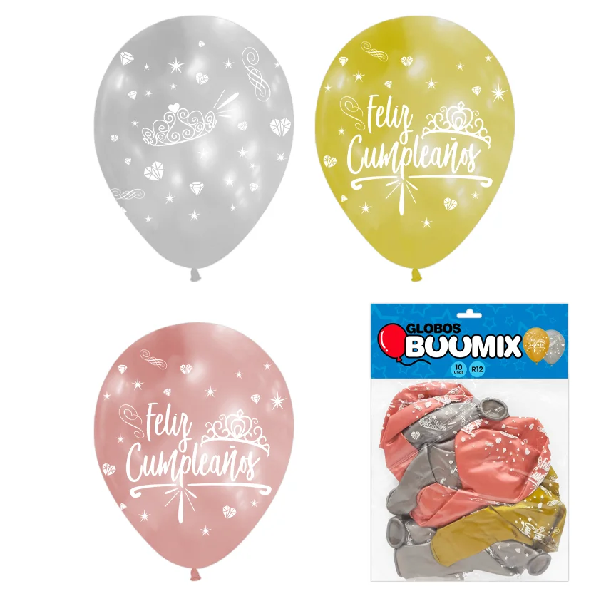 GLOBO DE LATEX CORONA FELIZ CUMPLEAÑOS R12X10 D-P-PR (PQTX12)