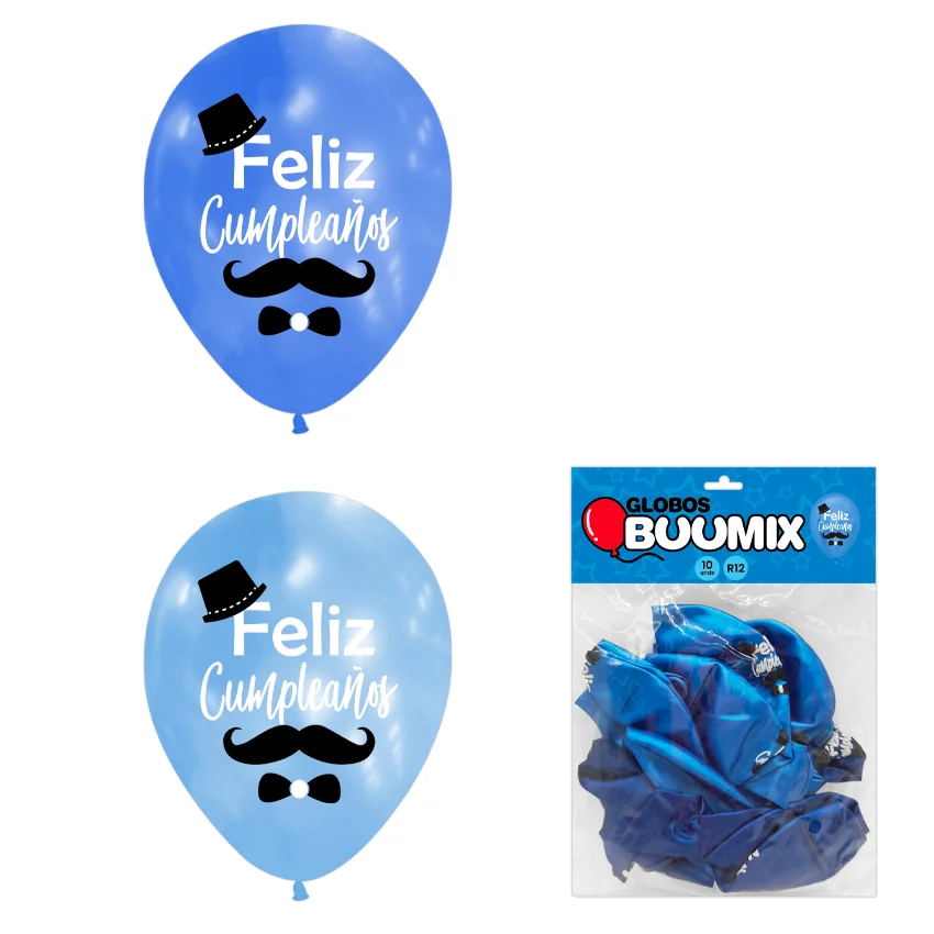 GLOBO DE LATEX BIGOTE FELIZ CUMPLEAÑOS R12X10 AC-A (PQTX12)