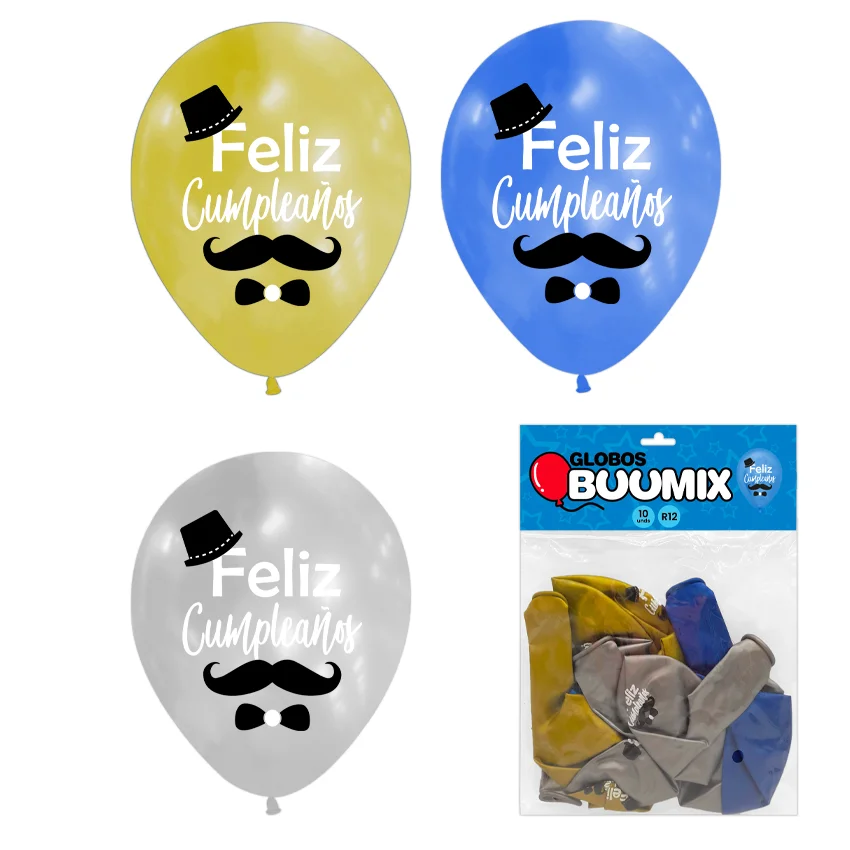 GLOBO DE LATEX BIGOTE FELIZ CUMPLEAÑOS R12X10 D-P-A (PQTX12)