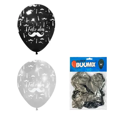 GLOBO DE LATEX BIGOTE FELIZ DIA R12X10 N-P (PQTX12)