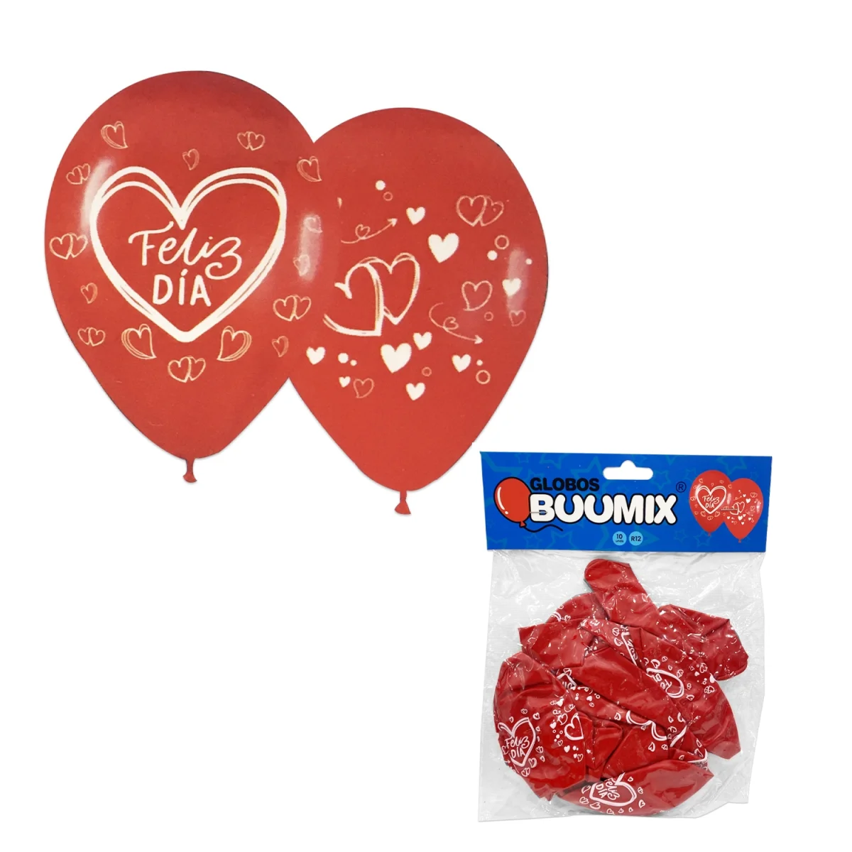 GLOBO DE LATEX CORAZON FELIZ DIA R12 X10 ROJO (PQTX12)