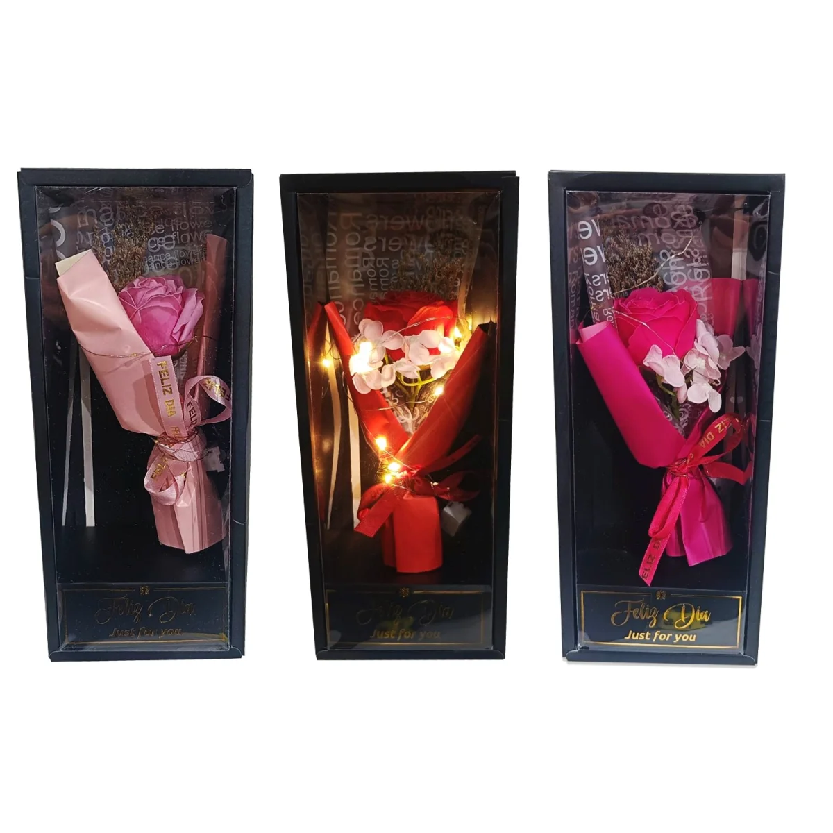 RAMO FLORES ARTIFICIALES CON LUZ EN CAJA NEGRA,