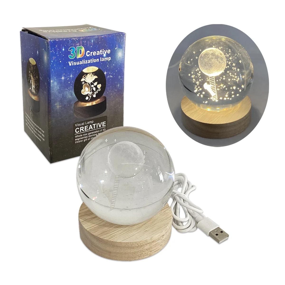 ESFERA DE CRISTAL LUZ CALIDA 8CM (USB)