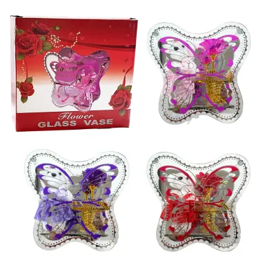 ROSA BRILLANTE CON OSO EN VIDRIO MARIPOSA,