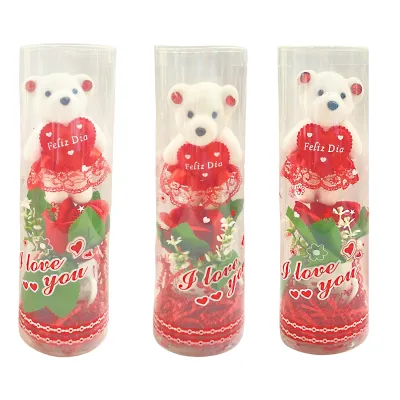 ROSA ARTIFICIAL CON VASO Y OSO EN ACETATO (CJX6),