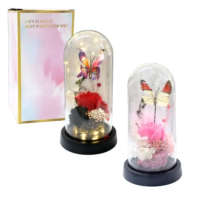 ROSA ARTIFICIAL Y MARIPOSA CON LUZ ENCAPSULADA (PILAS),