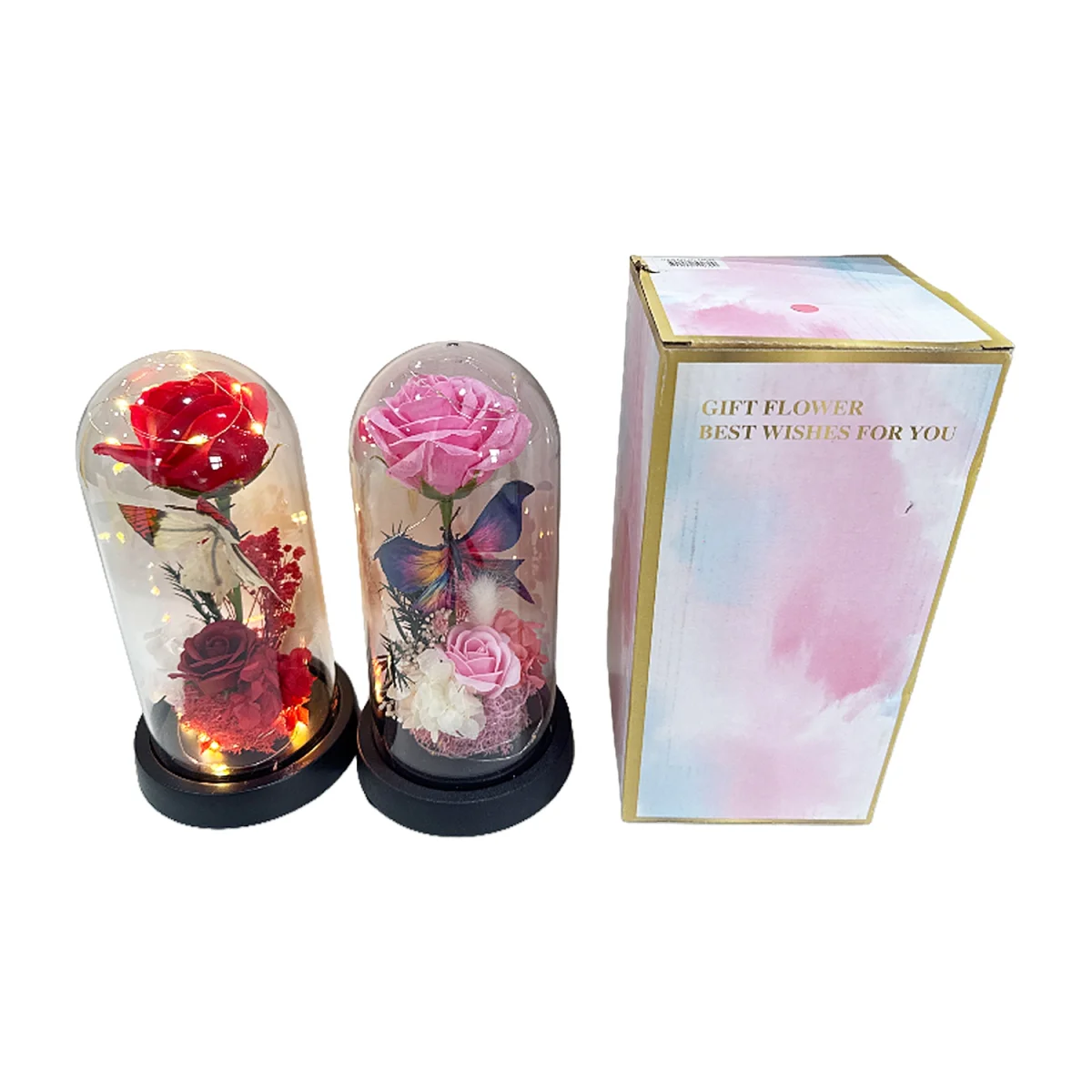 ROSA ARTIFICIAL Y MARIPOSA CON LUZ ENCAPSULADA (PILAS)