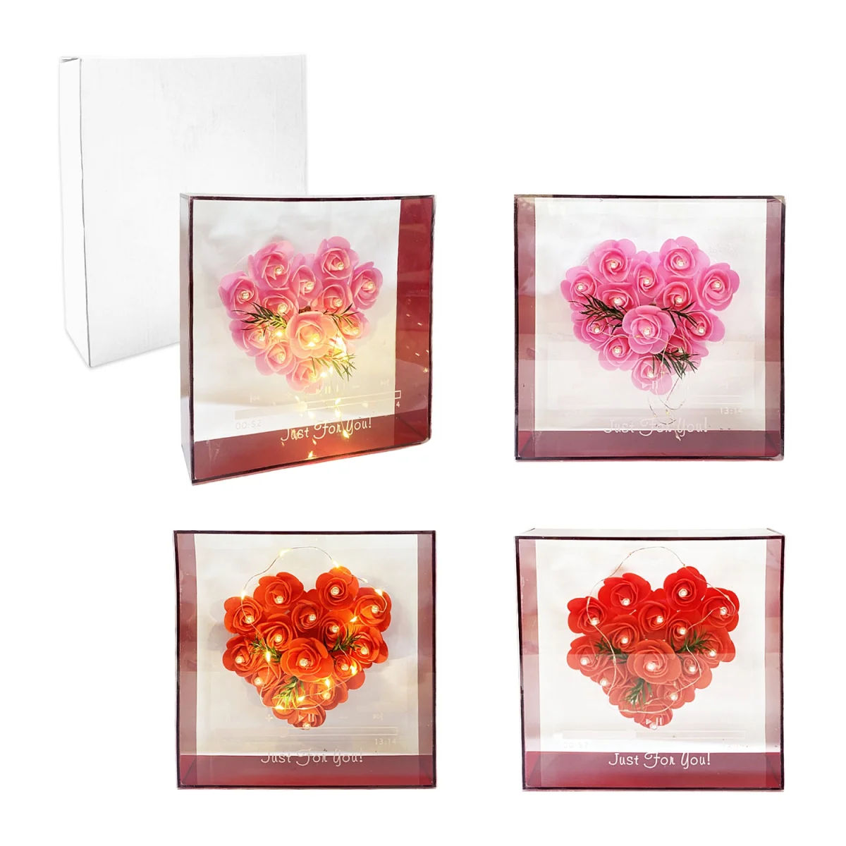 CORAZON FLORES ARTIFICIALES CON LUZ EN CAJA VIDRIO