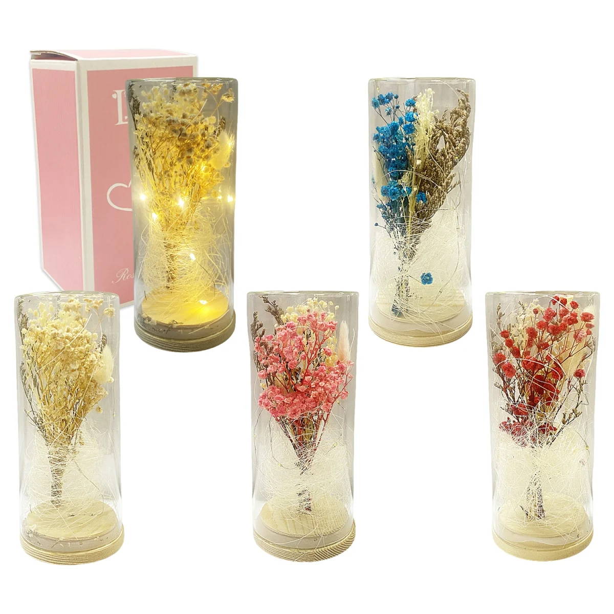 FLORES ARTIFICIALES CON LUZ ENCAPSULADAS EN VIDRIO,